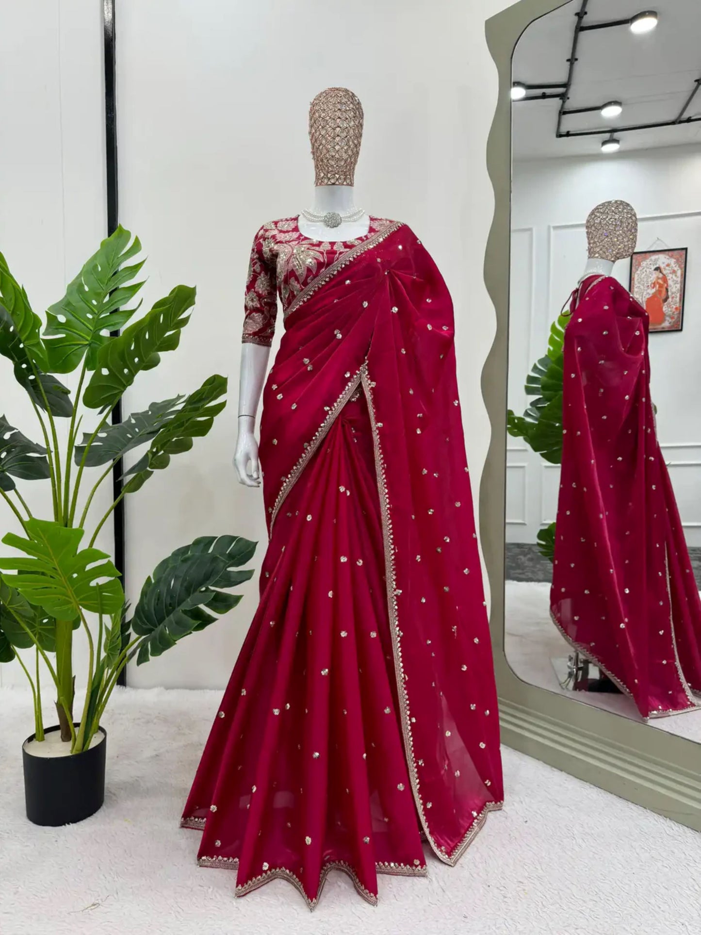 Red Shimmery Organza Designer Saree with Embellished Ready-Made Blouse – Easy Customization for Perfect Fit, Ideal for Weddings & Special Occasions