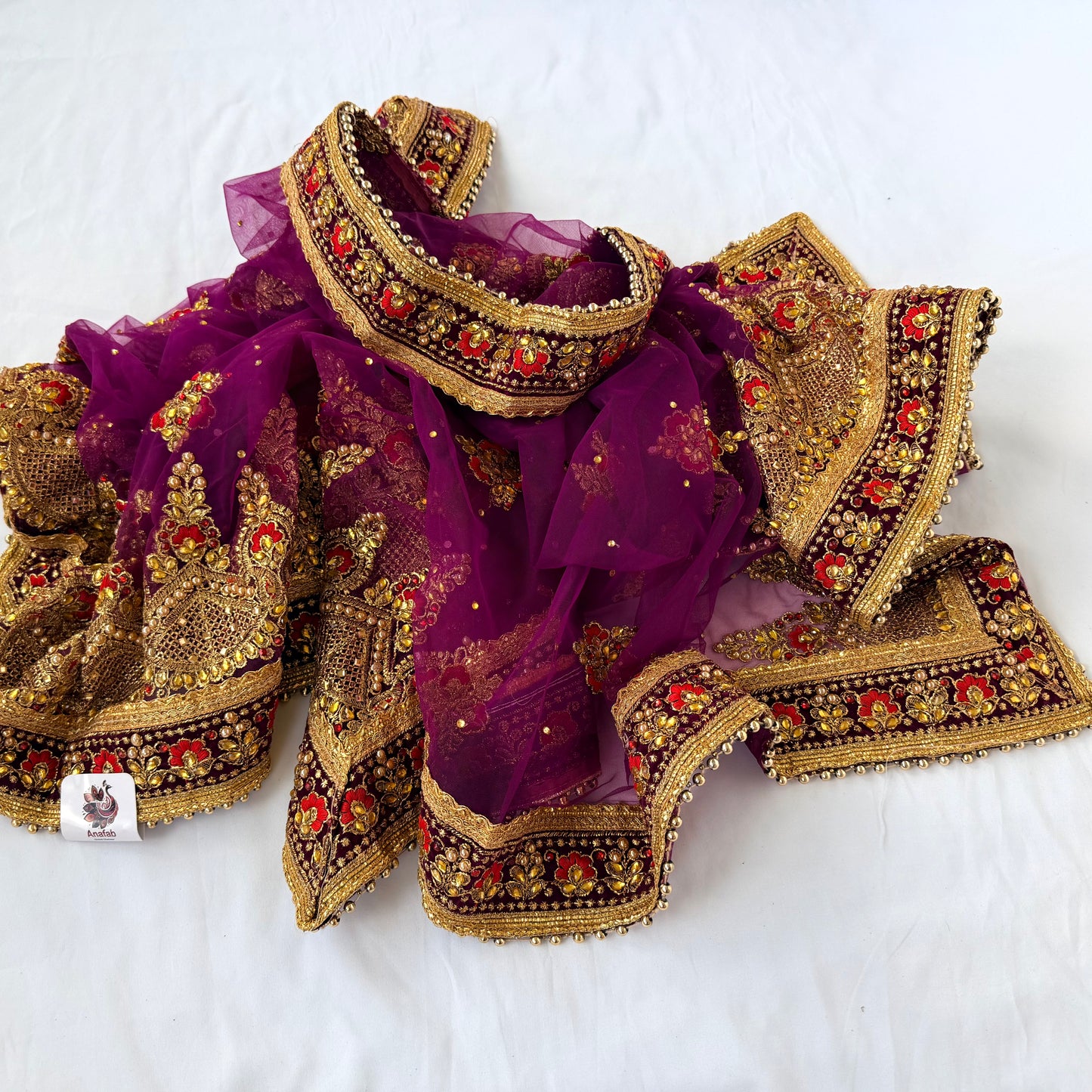 Purple Bridal Net Dupatta, Heavy Zardozi Wedding Dupatta, Dulhan Chunni, Designer Bridal Veil, Indian Wedding Lehenga Dupatta