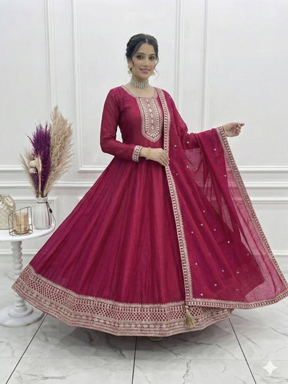 Dark Pink Anarkali Gown with Dupatta, Pure Vichitra Silk Dress, Heavy Embroidery Kali Anarkali Dress, Indian Wedding Festive Outfit