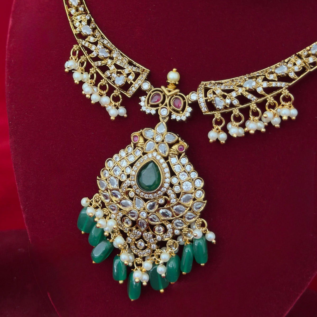 Victorian Mehendi Polish Necklace Set with Green Beads, Kundan Stones & Pearl Drops, Indian Bridal Wedding Jewelry, Ships from USA
