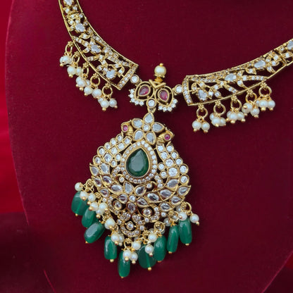 Victorian Mehendi Polish Necklace Set with Green Beads, Kundan Stones & Pearl Drops, Indian Bridal Wedding Jewelry, Ships from USA