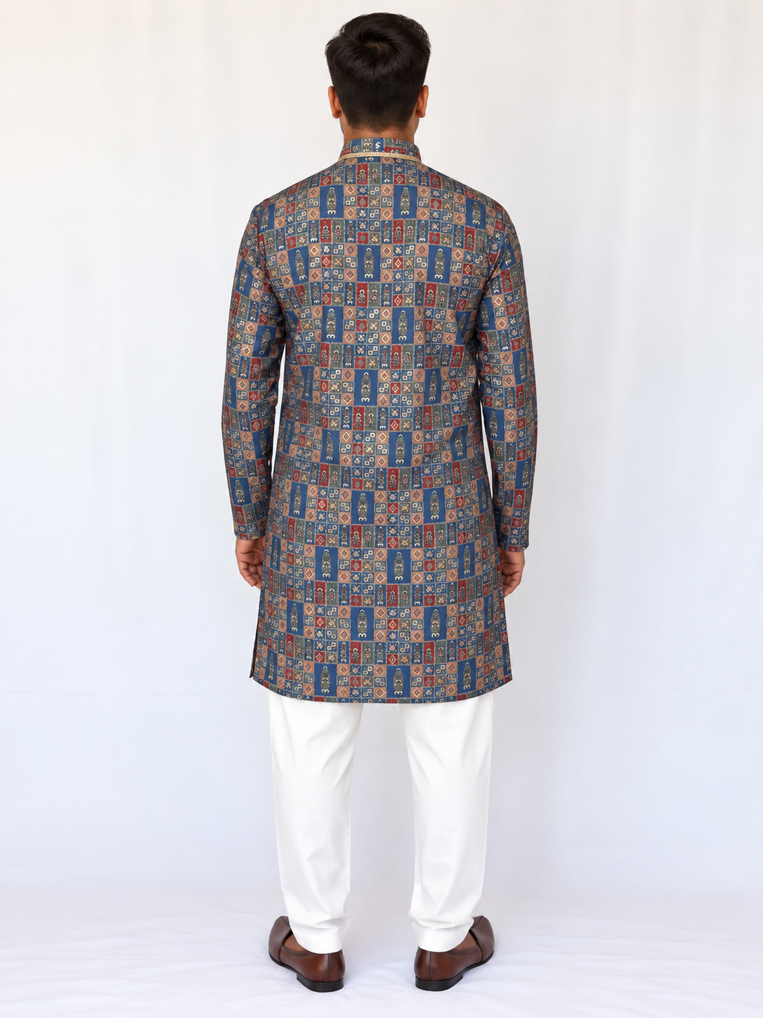 Men’s Grey Blue Armani Kurta Pajama Set, Golden Foil Print Indian Kurta, Wedding Guest Outfit, Diwali Festive Wear, Traditional Ethnic Dress