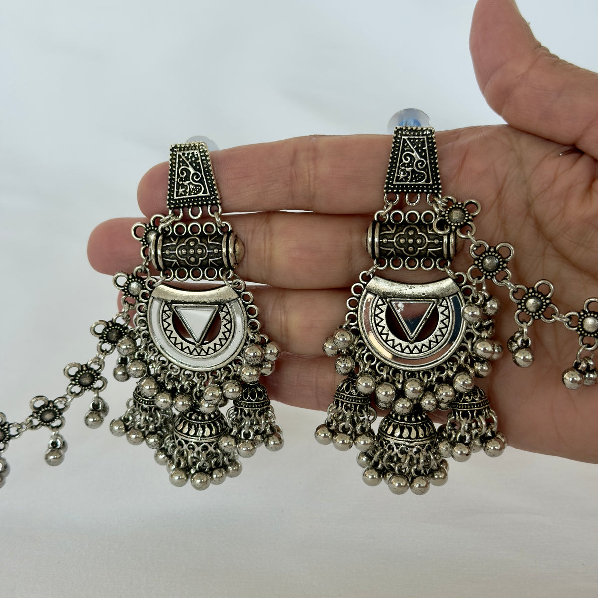 Oxidized Silver Jhumka Earrings with Long Chain, Traditional Indian Ghungroo Earrings, Tribal Boho Statement Jewelry, Garba Earrings, weddin