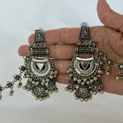 Oxidized Silver Jhumka Earrings with Long Chain, Traditional Indian Ghungroo Earrings, Tribal Boho Statement Jewelry, Garba Earrings, weddin