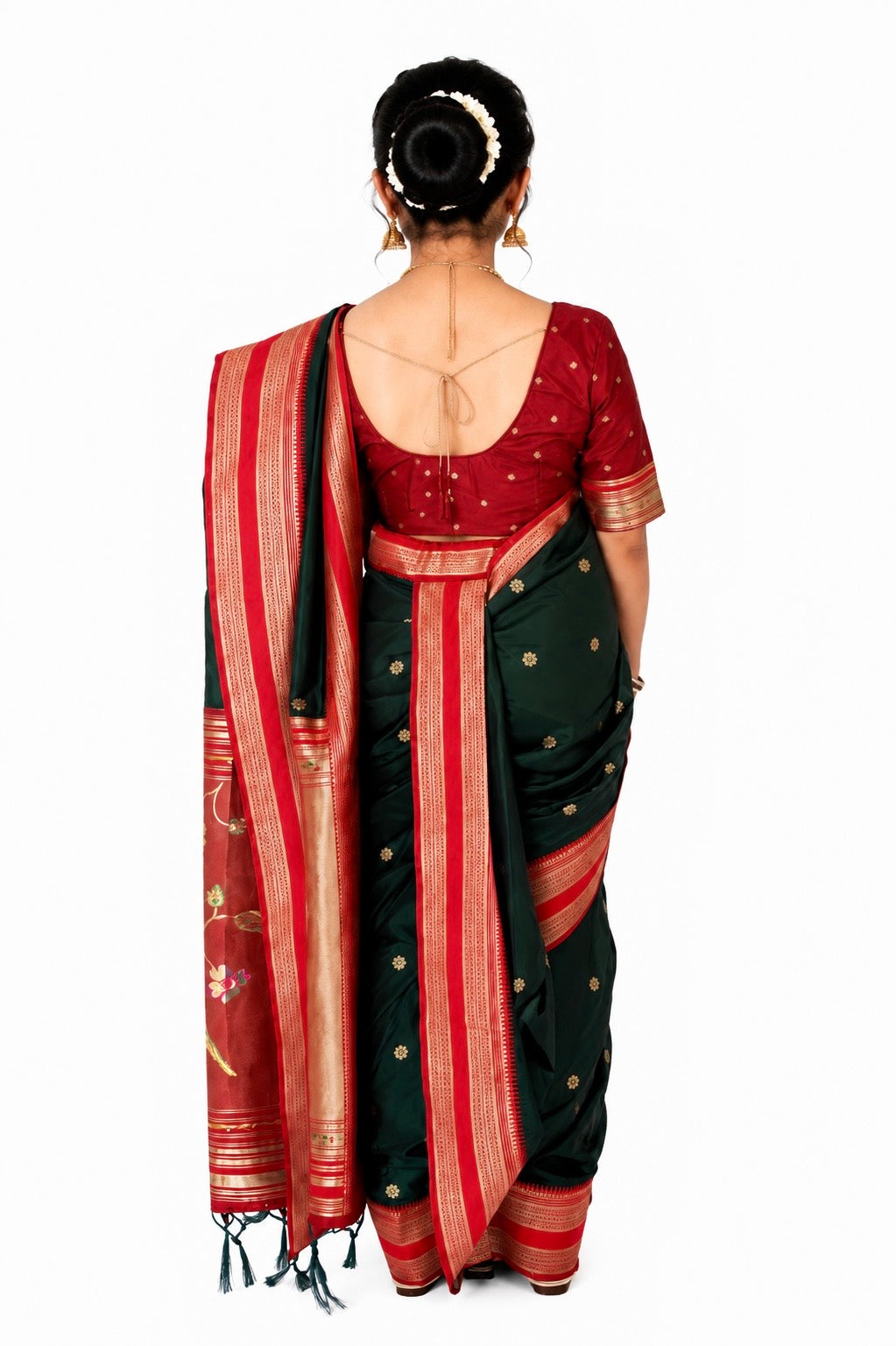 Ready to Wear Shahi Mastani Nauvari Saree | Bottle Green & Red Semi Silk Paithani | Fully Stitched 9 Yard Maharashtrian Saree with Blouse