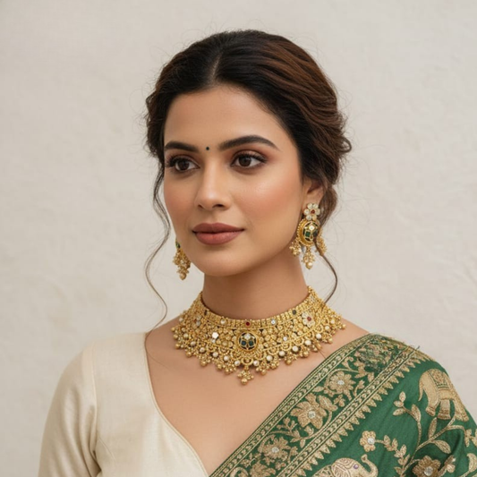 Antique Gold Kundan Choker Necklace Set with Earrings, Traditional Indian Bridal Jewelry, Floral Pearl Choker, Wedding Festive Jewelry