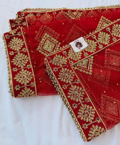 Red Bridal Net Dupatta with Heavy Embroidered Border | Wedding Chunni for Bride | Gold Zari & Sequin Work | Indian Dulhan Dupatta | Bridal Veil