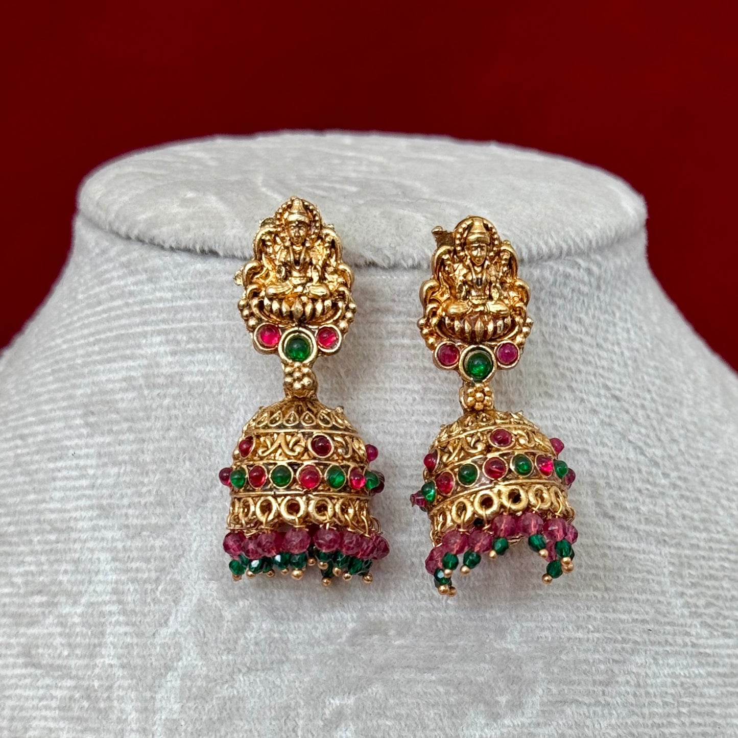 Antique Gold Lakshmi Temple Necklace Set, South Indian Bridal Jewelry, Traditional Goddess Pendant Necklace, Red Green Beads Temple Jewelry