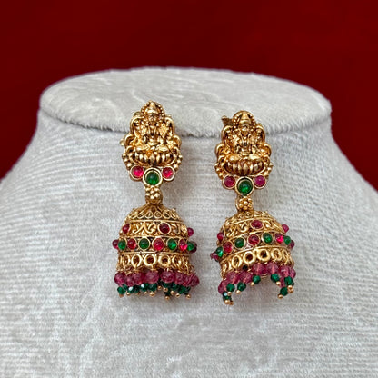 Antique Gold Lakshmi Temple Necklace Set, South Indian Bridal Jewelry, Traditional Goddess Pendant Necklace, Red Green Beads Temple Jewelry