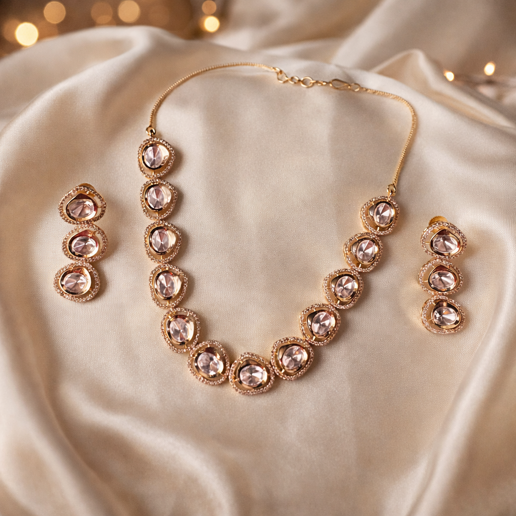 Polki Style Gold Tone Necklace Set with Matching Earrings – Party & Festive Jewelry, necklace set, jewelry for women, gift for women
