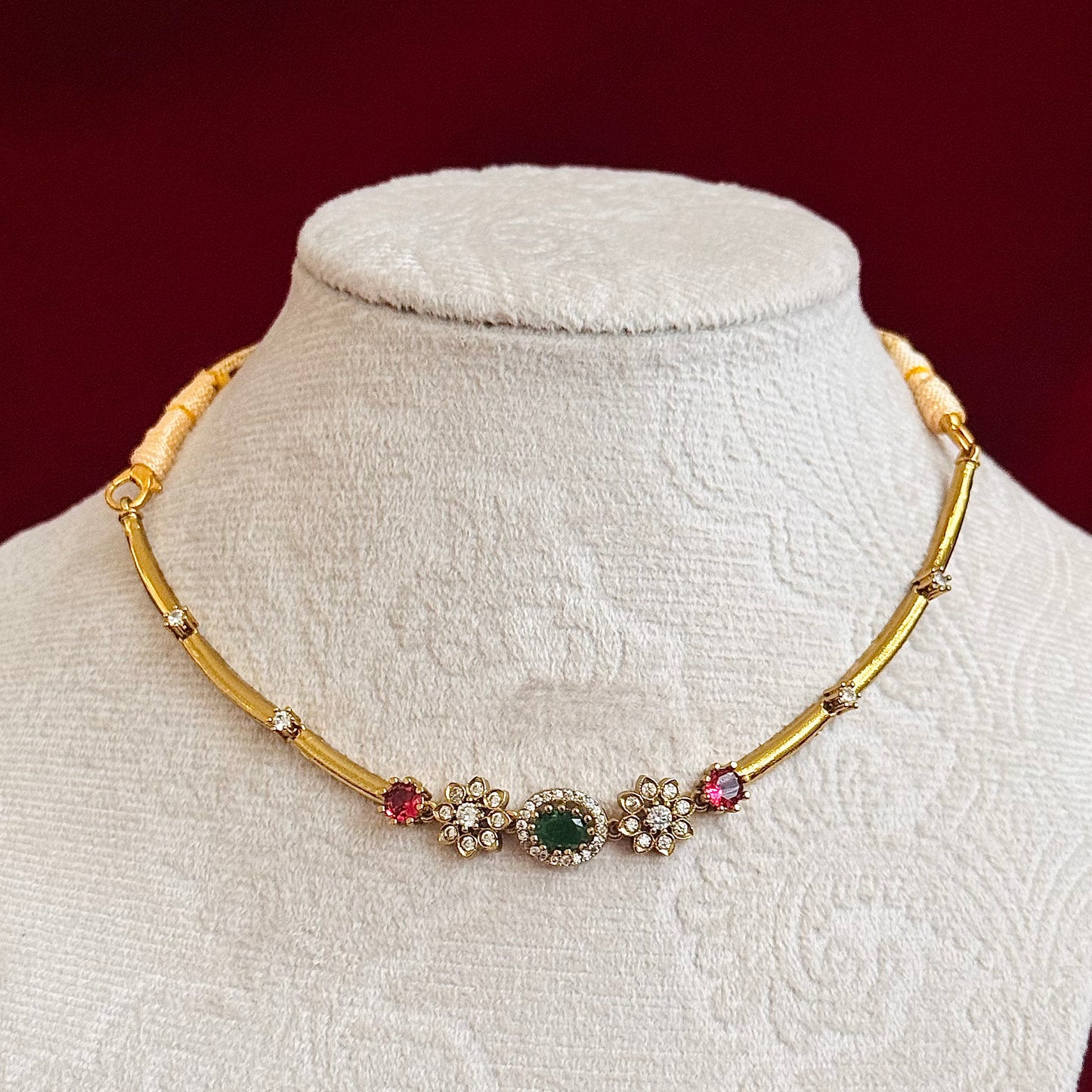 Emerald Green Pink Stone Necklace Set, Floral CZ Choker Necklace, Indian Wedding Jewelry Set, Gold Tone Party Wear Jewelry, Bridesmaid Gift