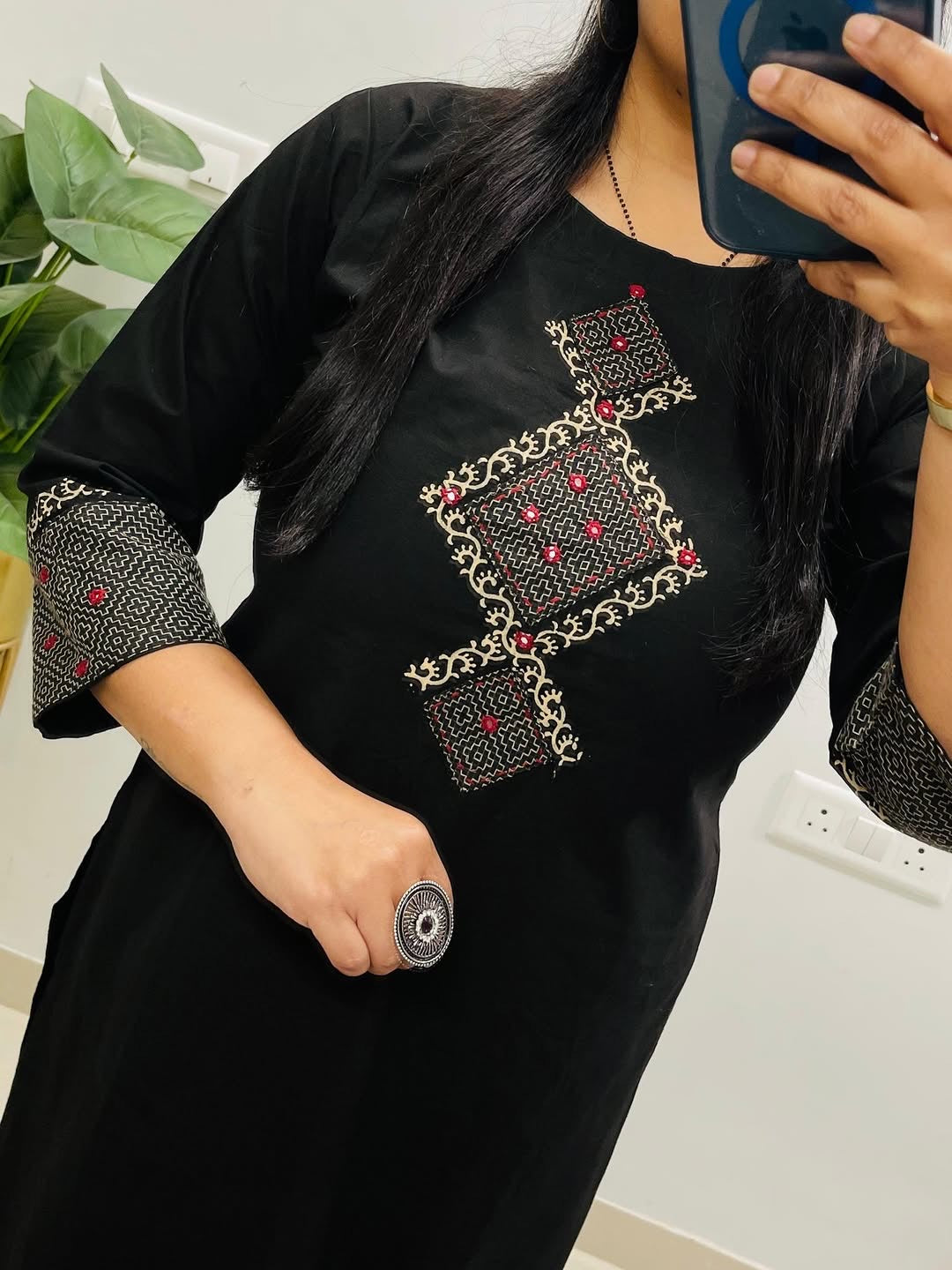 Black Cotton Co-Ord Set for Women | Mirror & Thread Embroidered A-Line Kurti | Ankle Length Pants with Pockets | Elegant Everyday Wear |