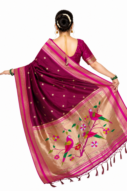 Ready to Wear Nauvari Saree with Blouse | Wine Shahi Mastani Style | Semi Silk Paithani 9 Yard Saree | Fully Stitched Maharashtrian Saree