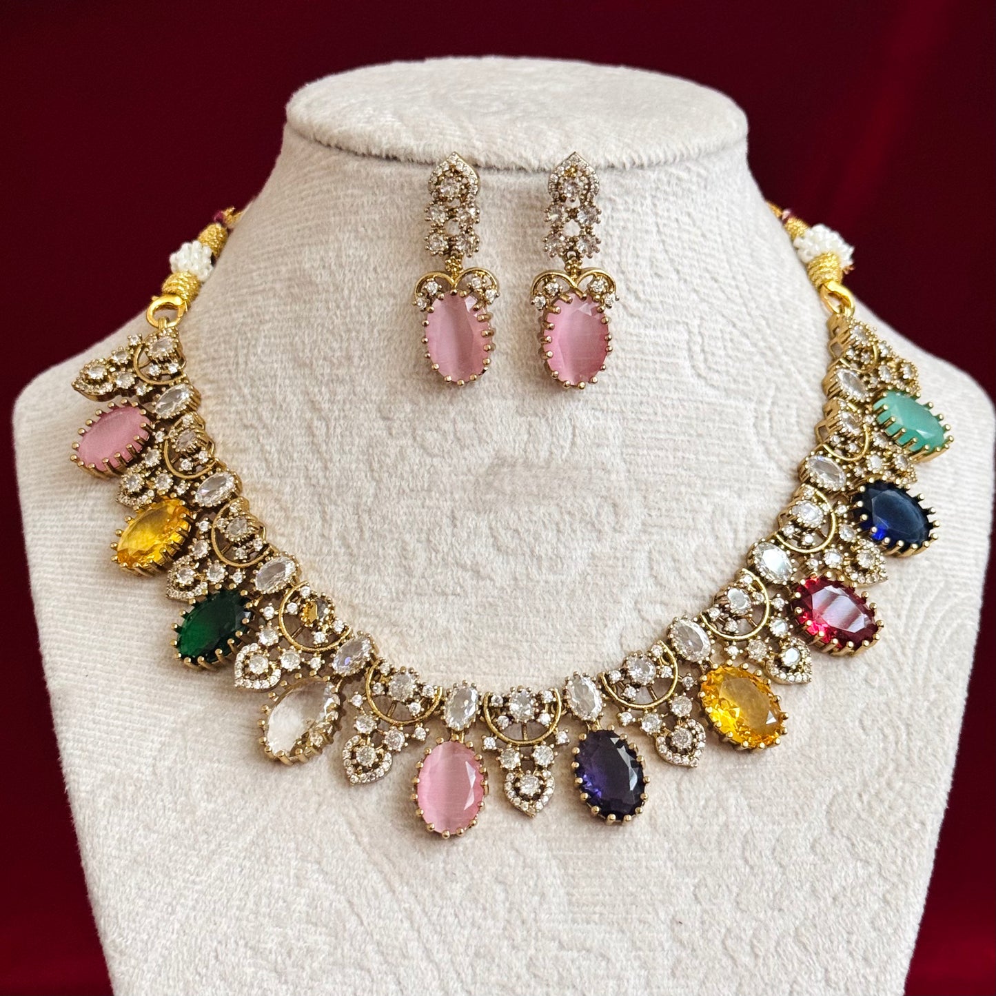 Multicolor Victorian Necklace Set for Women, Pastel Stone Statement Jewelry, Indian Wedding Necklace, CZ Party Wear Choker Set, Bridal Jewel
