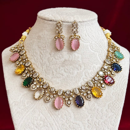 Multicolor Victorian Necklace Set for Women, Pastel Stone Statement Jewelry, Indian Wedding Necklace, CZ Party Wear Choker Set, Bridal Jewel