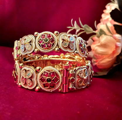 Royal Rajwadi Bangle Set | Handcrafted Kundan and Meenakari Beauty Kada | Festive Jewelry | Traditional Red & White Charm Bracelet