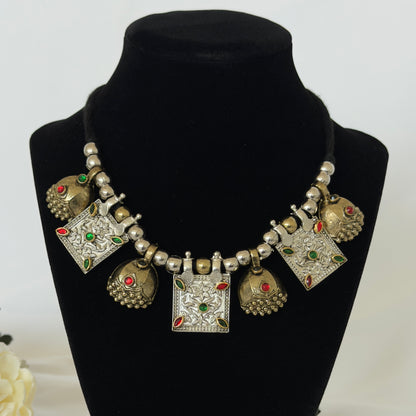 Oxidized Silver & Gold Necklace Set, Dual Tone Indian Jewelry, Jhumka Pendant Necklace, Red Green Stone Jewelry, Navratri Garba Jewelry Set