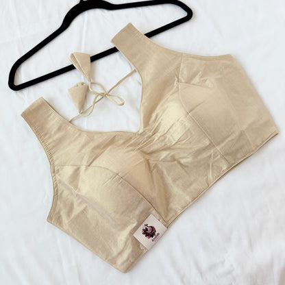 Beige Shimmer Tissue Saree Blouse, Ready to Wear Indian Blouse, V Neck Designer Choli, Sleeveless Wedding Blouse, Festive Blouse