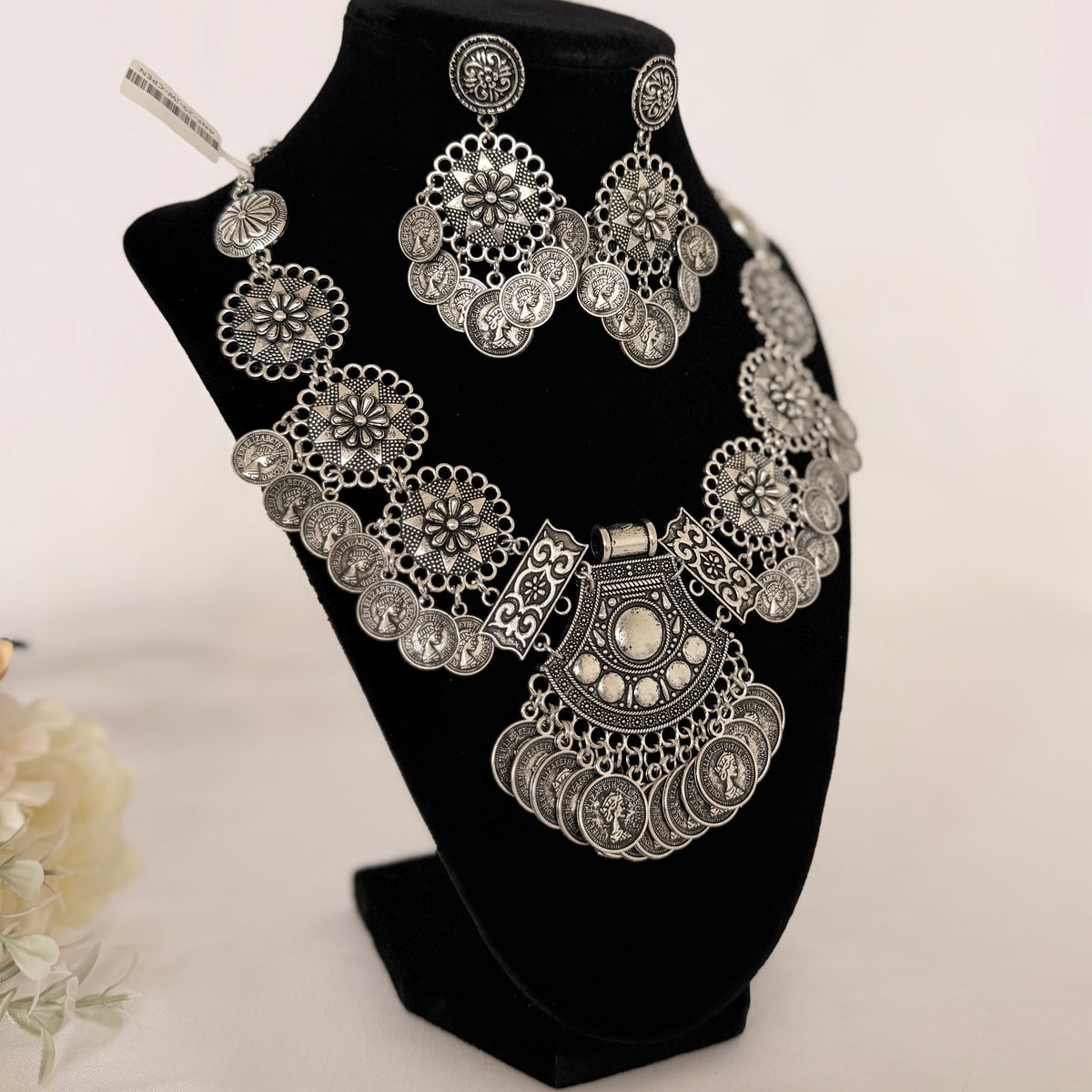 Oxidized Silver Coin Necklace Set with Earrings, Statement Indian Tribal Jewelry, Boho Ethnic Necklace, Navratri Garba Jewelry, Festival Gif