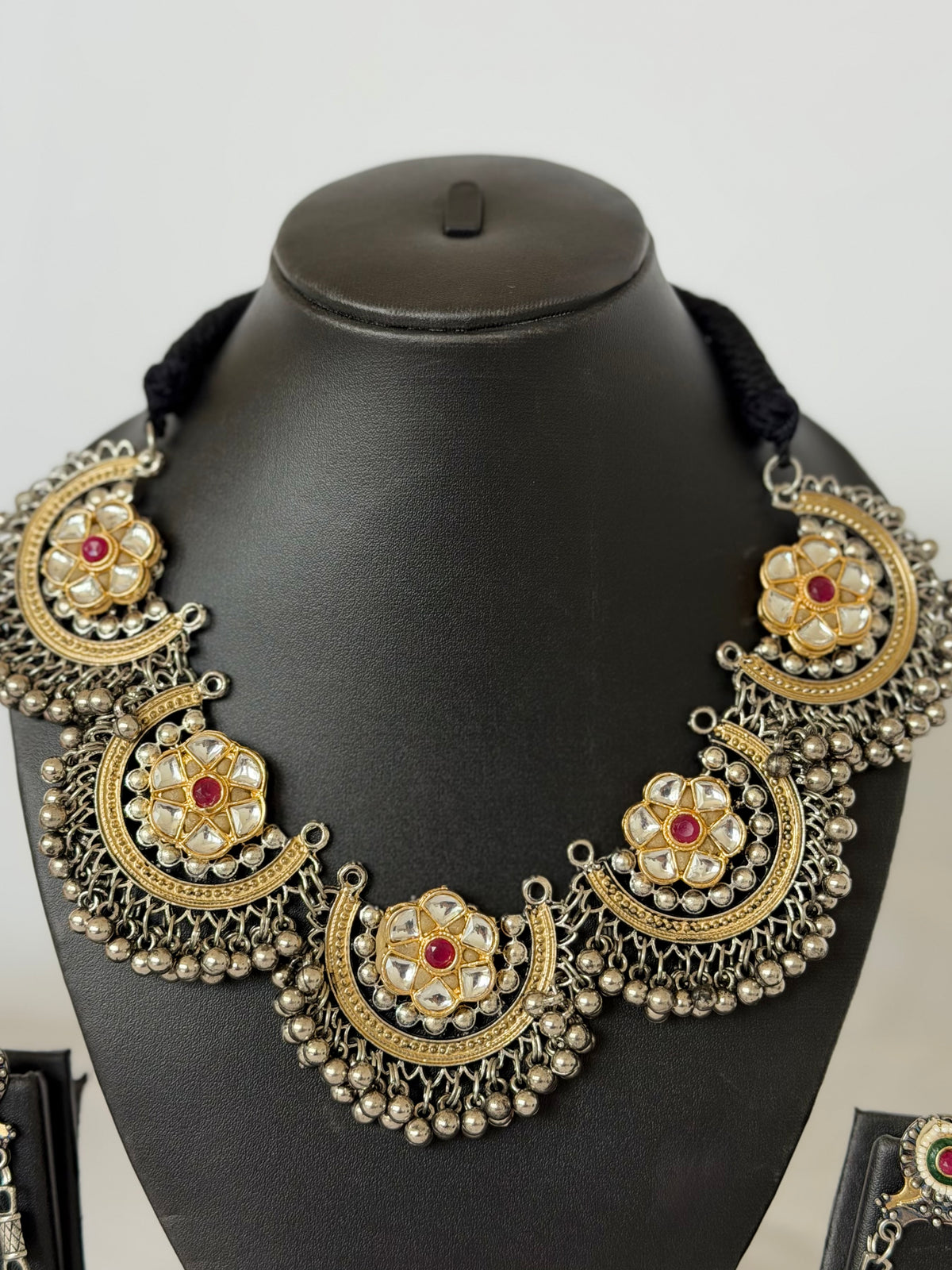 Oxidized Silver Gold Kundan Necklace Set, Indian Statement Jewelry, Navratri Garba Dandiya Necklace, Long Earrings, Tribal Boho Jewelry