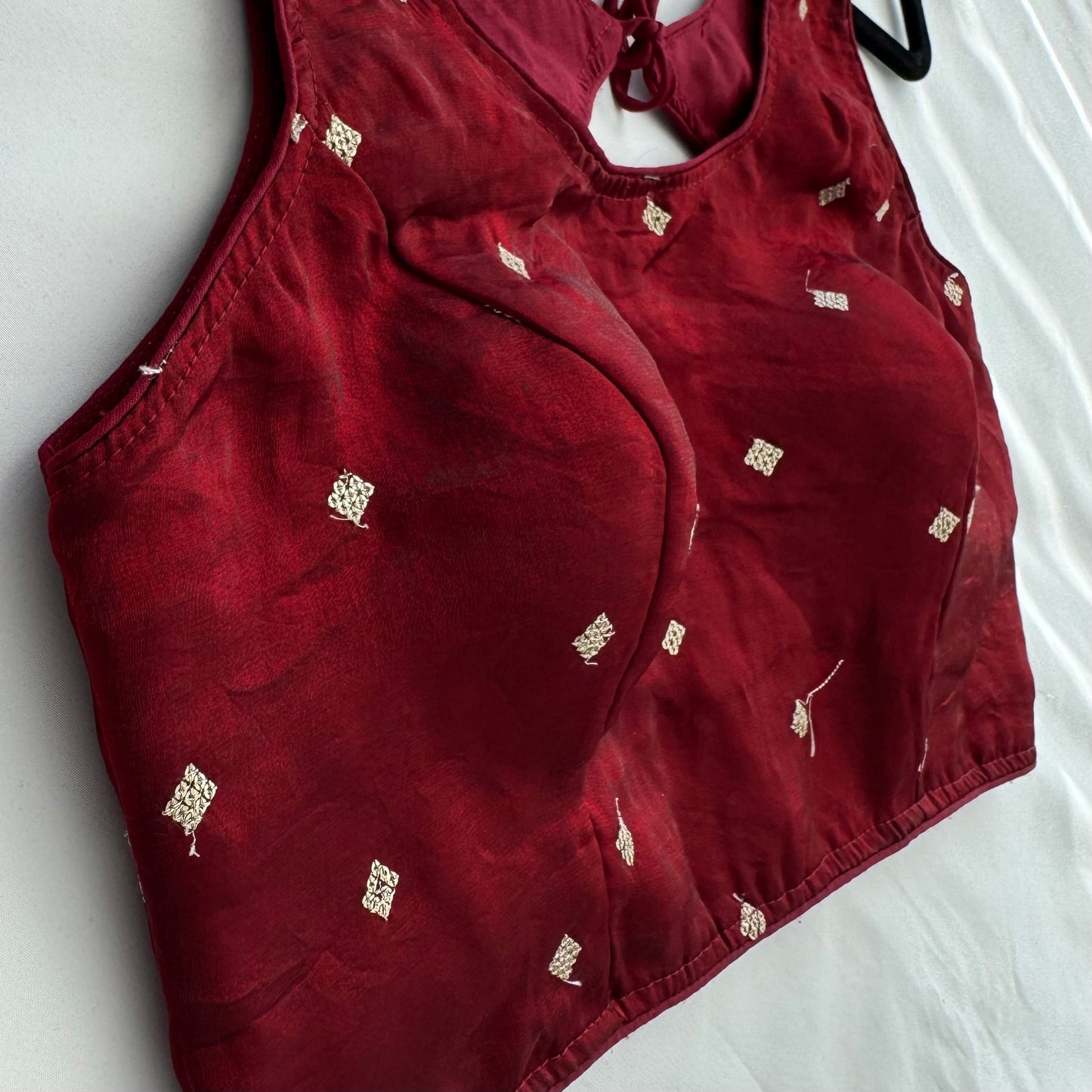 Maroon Fandy Silk Blouse | Sequins Butti Work, Padded Designer Saree Blouse (Ready to Wear)