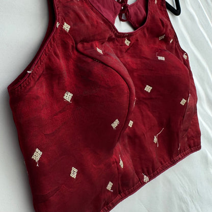 Maroon Fandy Silk Blouse | Sequins Butti Work, Padded Designer Saree Blouse (Ready to Wear)