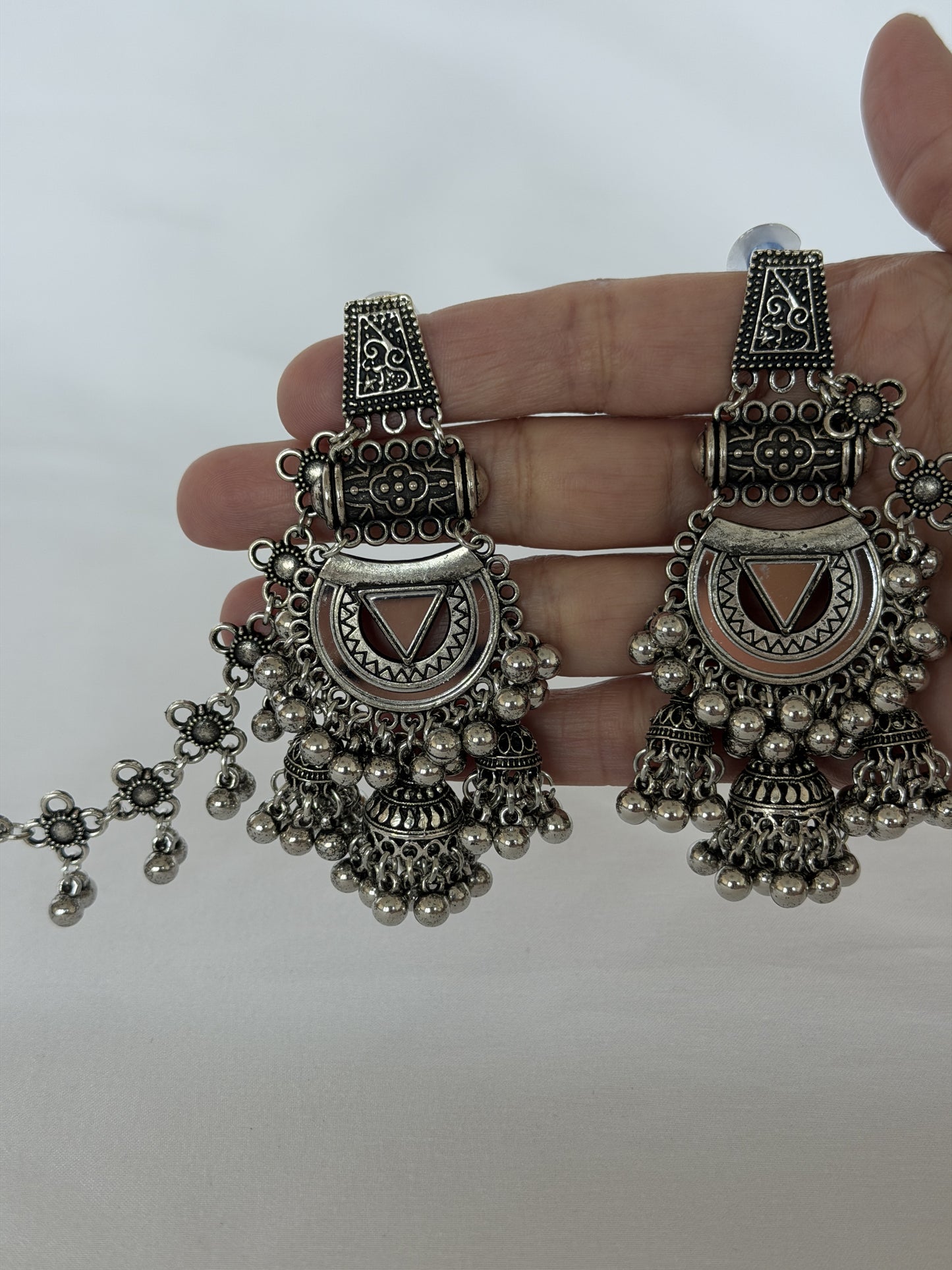 Oxidized Silver Jhumka Earrings with Long Chain, Traditional Indian Ghungroo Earrings, Tribal Boho Statement Jewelry, Garba Earrings, weddin