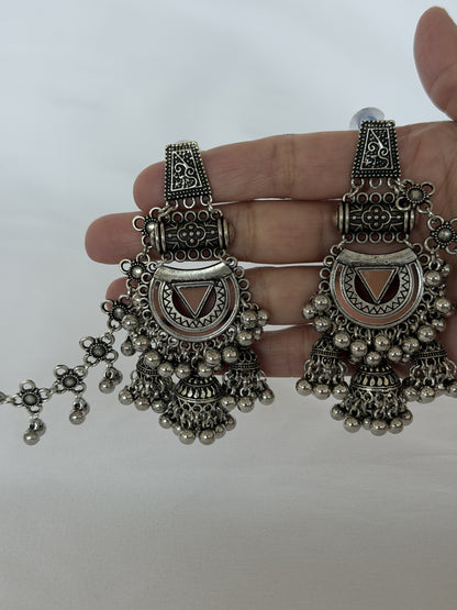 Oxidized Silver Jhumka Earrings with Long Chain, Traditional Indian Ghungroo Earrings, Tribal Boho Statement Jewelry, Garba Earrings, weddin