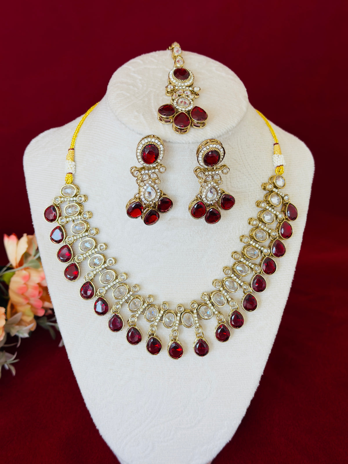 Maroon Kundan Necklace Set with Earrings & Maang Tikka, Indian Bridal Jewelry Set, Gold Tone Kundan Wedding Necklace, Traditional Jewelry