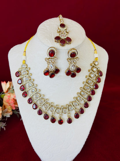 Maroon Kundan Necklace Set with Earrings & Maang Tikka, Indian Bridal Jewelry Set, Gold Tone Kundan Wedding Necklace, Traditional Jewelry
