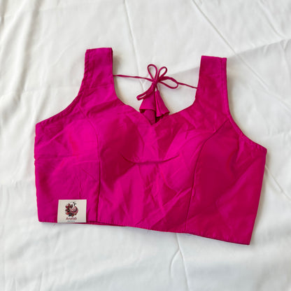 Rani Pink Taffeta Silk Sleeveless Blouse, Ready to Wear Saree Blouse, Size 38-42, Designer Latkan Dori Blouse, Indian Wedding Blouse