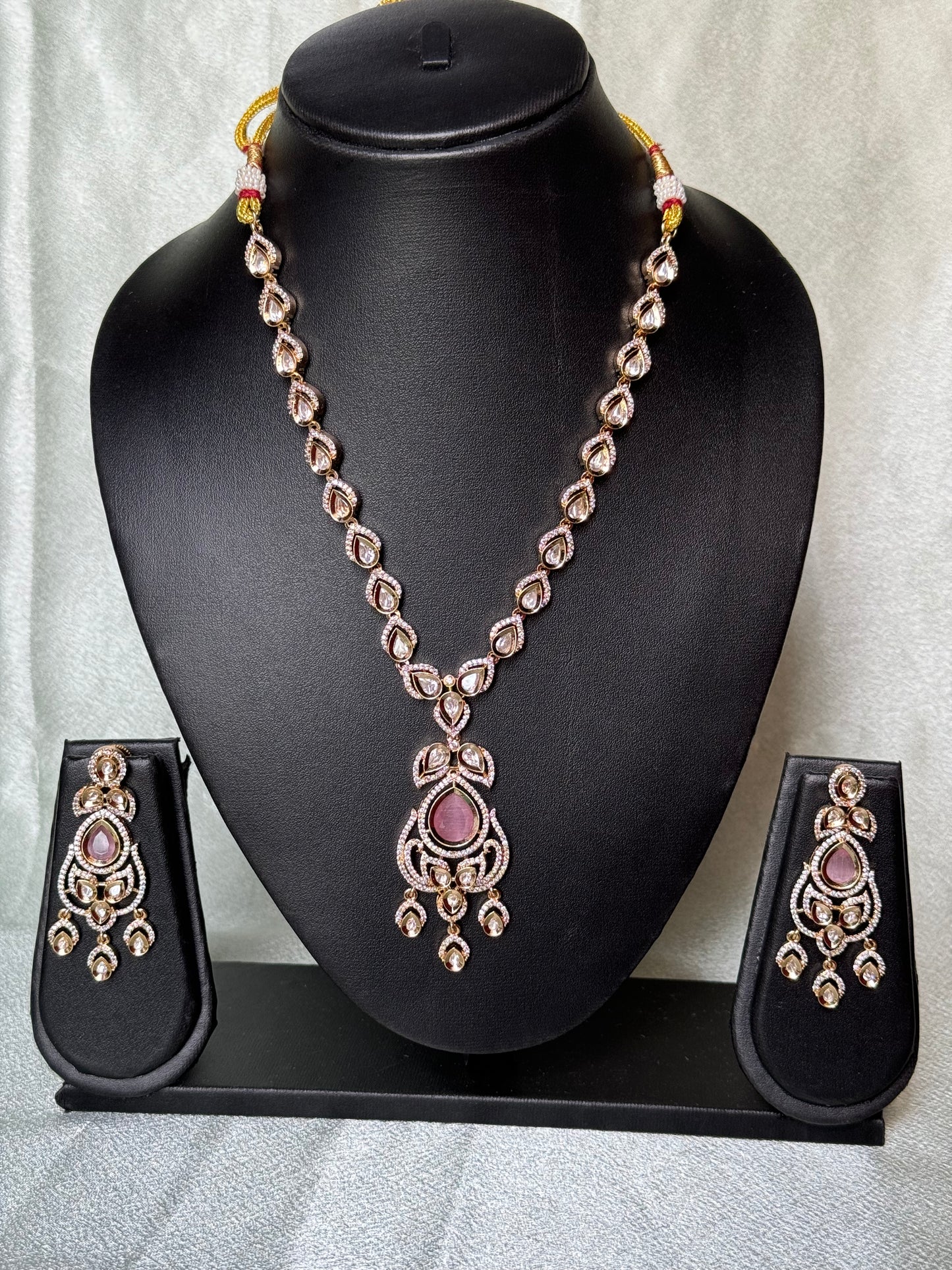 Elegant Kundan Necklace with pink Pendant and Earrings | Party & Bridal Jewelry, ad jewelry, designer necklace, stone jewelry