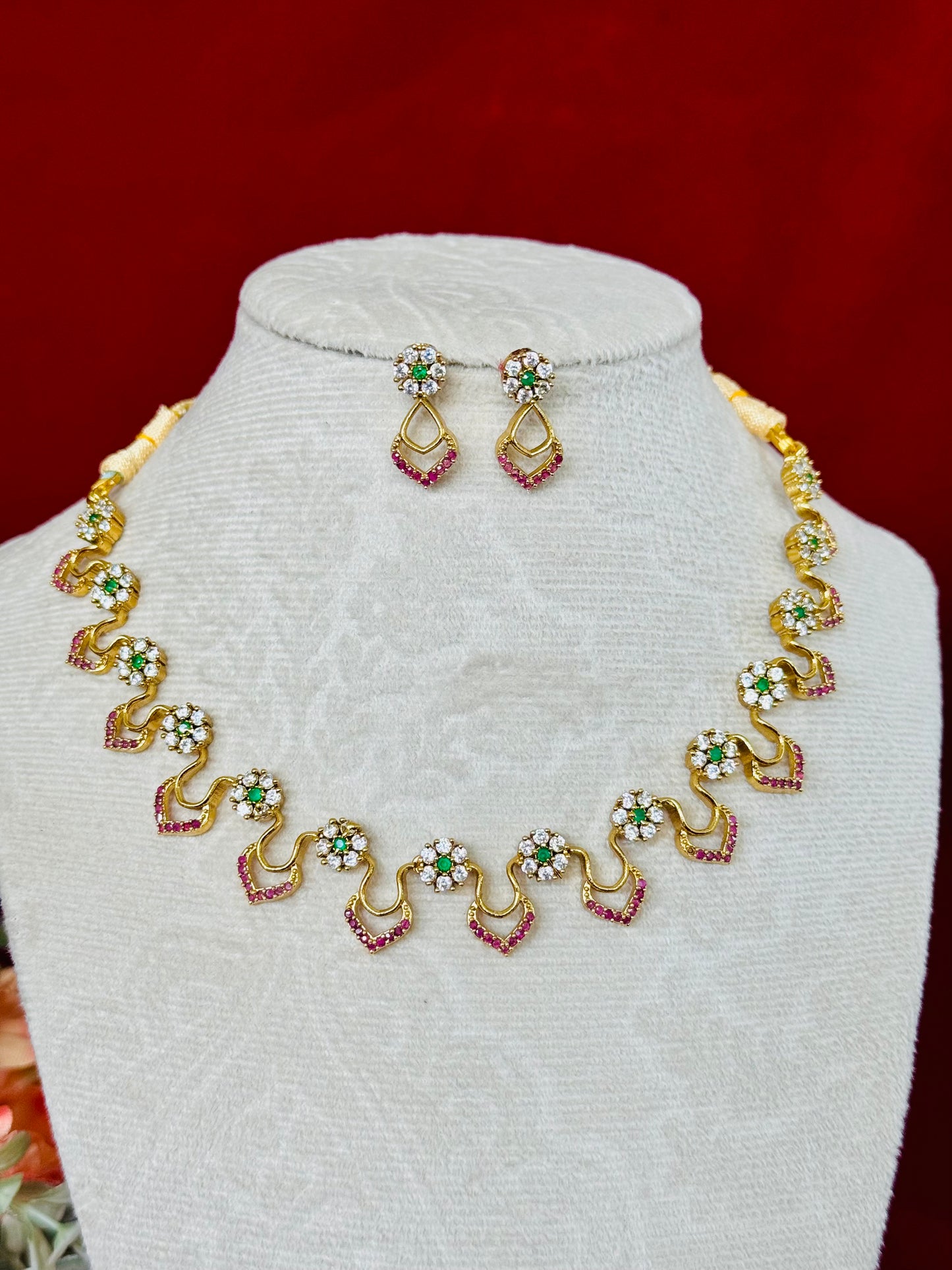 Elegant Floral AD Necklace Set with Ruby Pink Stones & Green Center | Lightweight Gold Finish Necklace with Matching Earrings | Wedding Part
