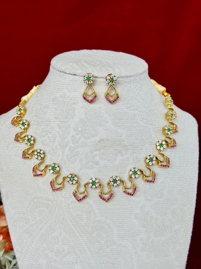Elegant Floral AD Necklace Set with Ruby Pink Stones & Green Center | Lightweight Gold Finish Necklace with Matching Earrings | Wedding Part