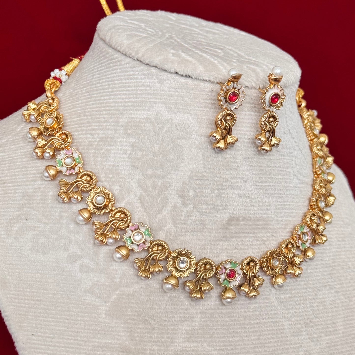 Majak Necklace Set | Antique Gold Floral Necklace Set | Pearl Drop Choker Necklace | Traditional Indian Jewelry | Wedding & Festive wear