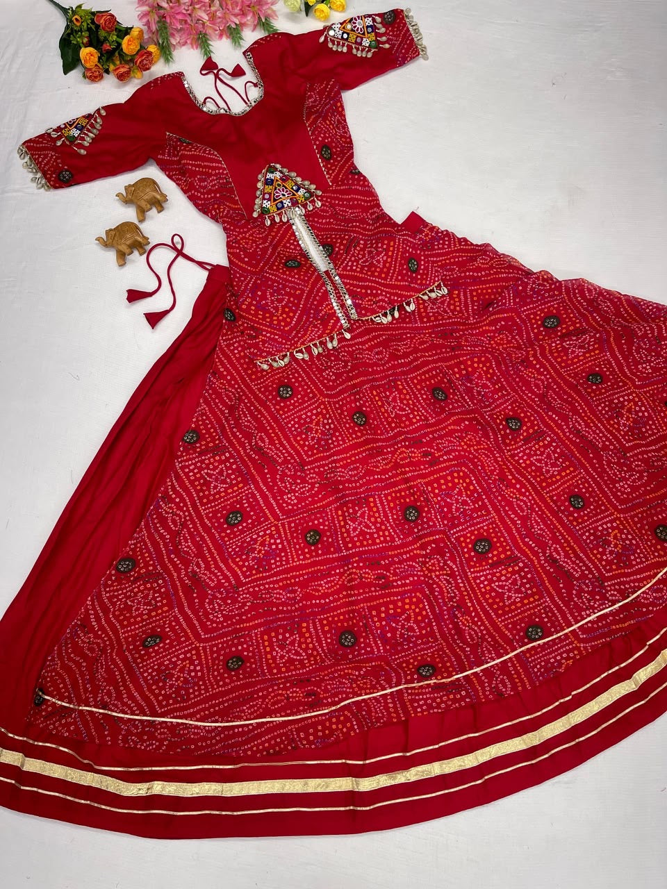 Navratri Lehenga Choli, 5 Meter Flair Bandhani Chaniya Choli, Kavdi Kodi Mirror Work Garba Lehenga, Gujarati Dandiya Outfit, Red Lehenga