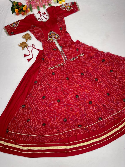 Navratri Lehenga Choli, 5 Meter Flair Bandhani Chaniya Choli, Kavdi Kodi Mirror Work Garba Lehenga, Gujarati Dandiya Outfit, Red Lehenga