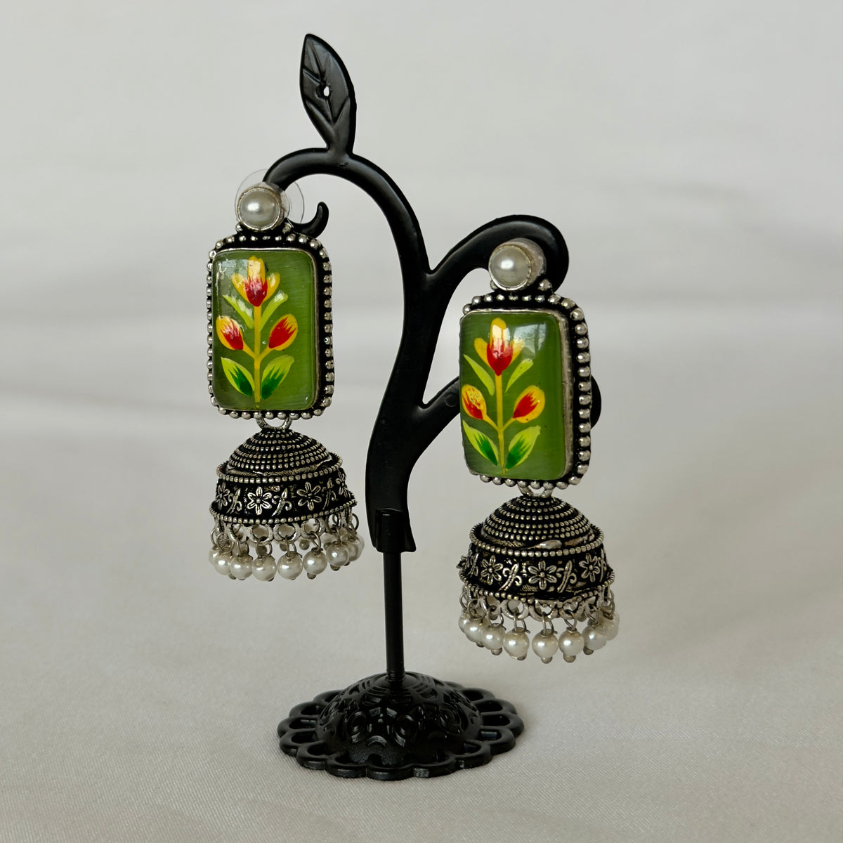 Green Oxidized Silver Handpainted Jhumka Earrings, Floral Indian Earrings, Pearl Drop Earrings, Ethnic Festive Jewelry, Oxidized earrings