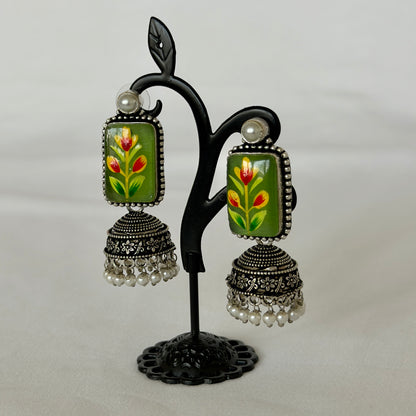 Green Oxidized Silver Handpainted Jhumka Earrings, Floral Indian Earrings, Pearl Drop Earrings, Ethnic Festive Jewelry, Oxidized earrings