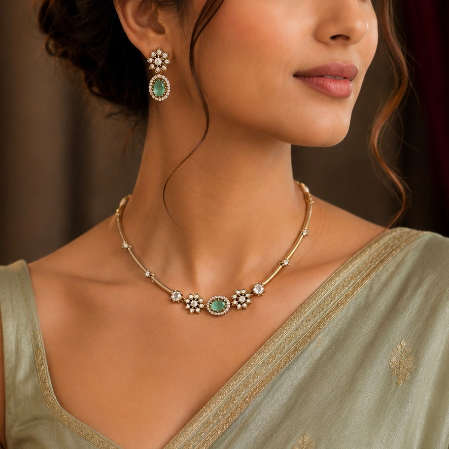 Mint Green Stone Necklace Set, Elegant Gold Floral Necklace, Indian Wedding Jewelry Set, CZ Diamond Necklace, Bridesmaid Jewelry, Party Wear