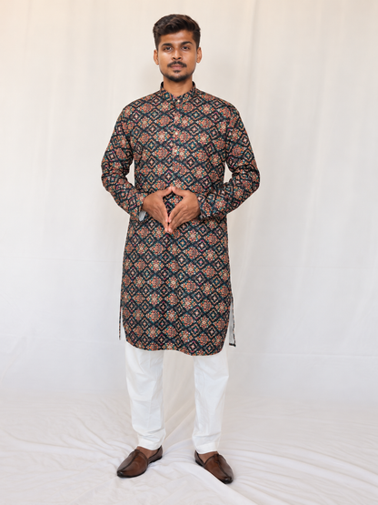 Men’s Printed Kurta Pajama Set, Navy Blue Multicolor Ethnic Kurta, Traditional Indian Outfit for Men, Diwali Outfit, Wedding Festive Wear,