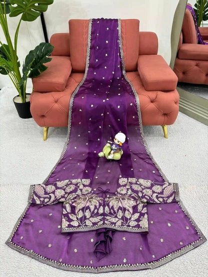 Purple Designer Saree with Readymade Stitched Blouse | Soft Shimmery tissue Party Wear Saree | Wedding & Festive Saree | Indian Ethnic Saree