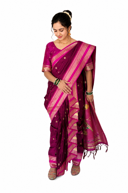Ready to Wear Nauvari Saree with Blouse | Wine Shahi Mastani Style | Semi Silk Paithani 9 Yard Saree | Fully Stitched Maharashtrian Saree