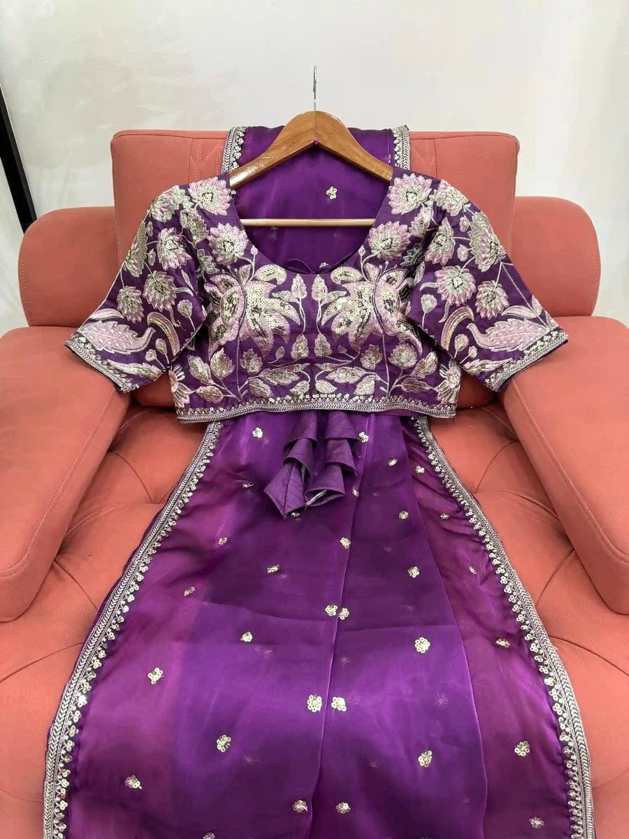 Purple Designer Saree with Readymade Stitched Blouse | Soft Shimmery tissue Party Wear Saree | Wedding & Festive Saree | Indian Ethnic Saree