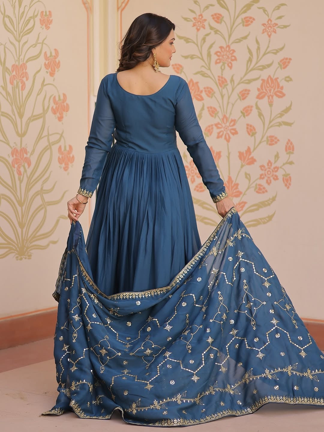 Teal Blue Anarkali Gown with Dupatta, Georgette Embroidered Indian Dress, Zari Sequin Long Gown, Wedding Outfit for Women, festive Outfit