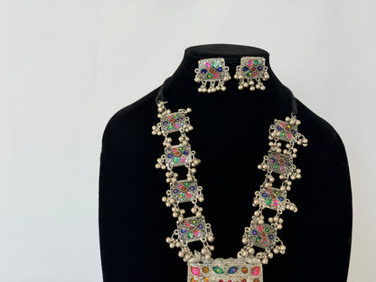 Oxidized Silver Necklace Set with Multicolor Enamel & Ghungroo, Indian Tribal Statement Jewelry, Boho Necklace Earrings Set, Festive Jewelry