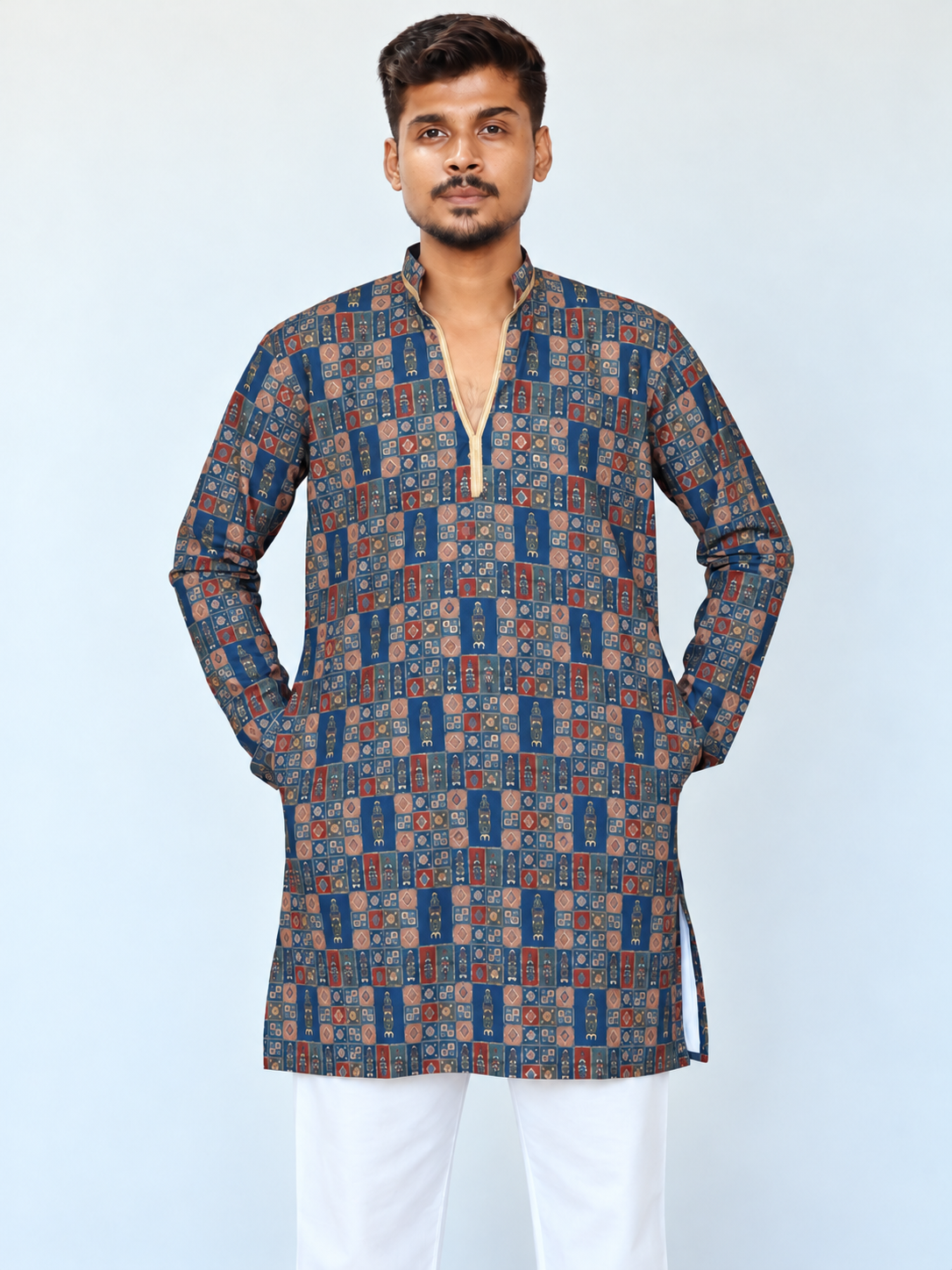Men’s Grey Blue Armani Kurta Pajama Set, Golden Foil Print Indian Kurta, Wedding Guest Outfit, Diwali Festive Wear, Traditional Ethnic Dress