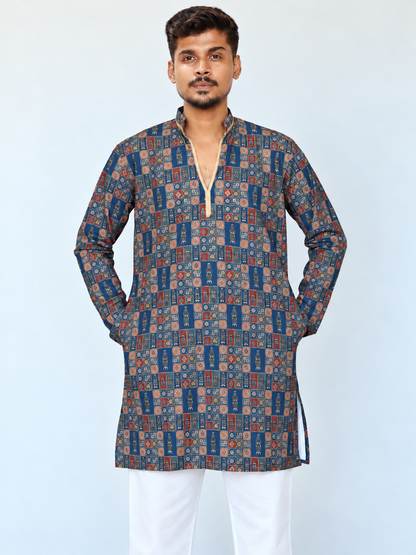 Men’s Grey Blue Armani Kurta Pajama Set, Golden Foil Print Indian Kurta, Wedding Guest Outfit, Diwali Festive Wear, Traditional Ethnic Dress