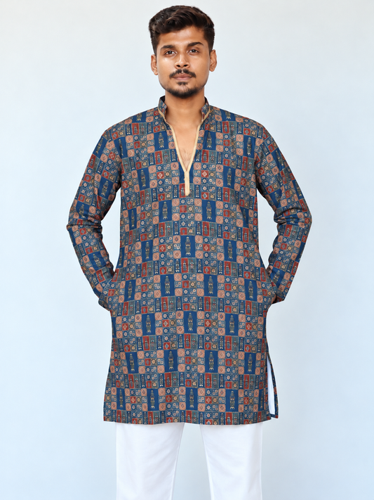 Men’s Grey Blue Armani Kurta Pajama Set, Golden Foil Print Indian Kurta, Wedding Guest Outfit, Diwali Festive Wear, Traditional Ethnic Dress