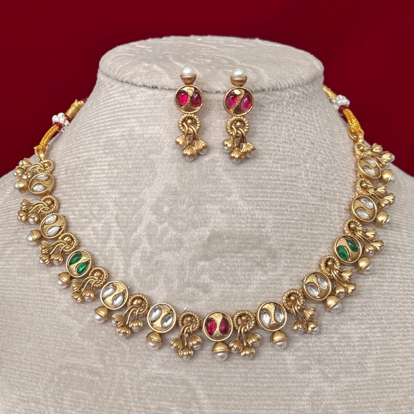 Majak Necklace Set | Antique Gold Tone Temple Jewelry Set | Kundan & Pearl Choker Necklace | Traditional Indian Bridal Necklace | Festive We